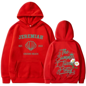 Front and back detail of a red hooded sweatshirt featuring The Summer I Turned Pretty prints