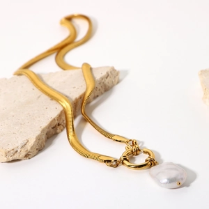 18K gold plated snake chain necklace featuring a natural baroque freshwater pearl pendant