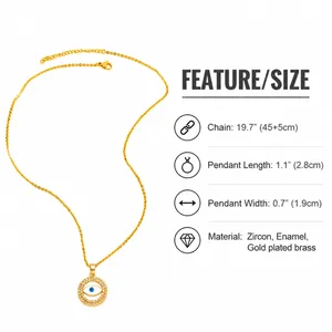 Detailed size guide for the 18K gold plated evil eye pendant necklace with zircon