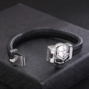 Punk braided leather skull bracelet in black and silver, men's stainless steel jewelry