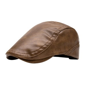 Classic brown leather flat cap with retro texture and stitching for men and women