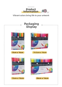 Dual-tip watercolor marker set in PVC pouch showing 12, 24, 36, and 48 color options