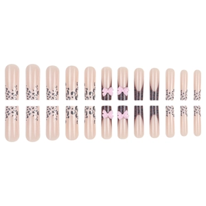 French leopard print press-on nails set with pink 3D bows in long coffin shape