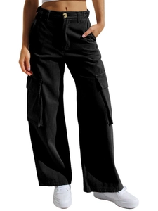 Damen Cargo-Jeans in Schwarz mit hohem Bund, weitem Bein und mehreren Seitentaschen