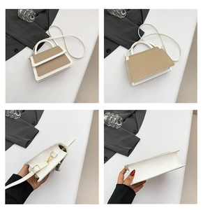 Detailed views of small color-block handbag showing front, back, and bottom perspectives