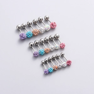 Titanium steel screw earrings with shiny rhinestone balls in multiple colors and sizes
