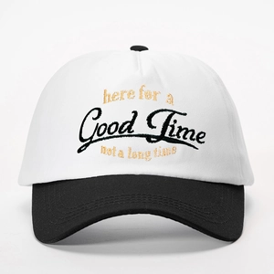 Embroidered black and white cotton baseball cap with 'Good Time' contrast brim
