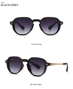 Retro narrow frame sunglasses with sleek black rim, grey lenses and gold metal temples