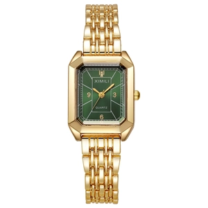 Luxury gold rectangular quartz watch for women with vintage emerald green dial and link band