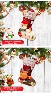 Detail of 3D snowman and reindeer dolls on fabric Christmas stockings with Merry Christmas print