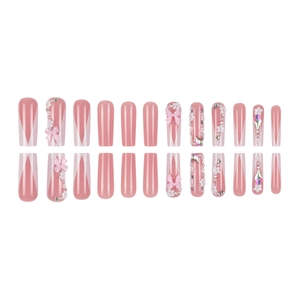 Pink French ballerina press-on nails with 3D bows, rhinestones and pearls set