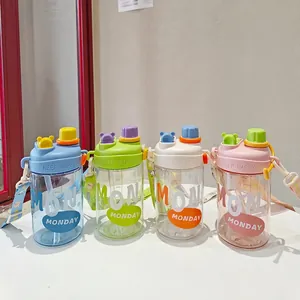 650ml kids straw water bottle with animal ear lid and strap in four pastel colors