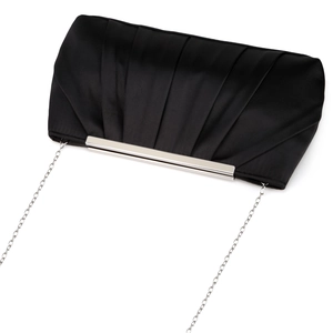 Detail of black pleated satin evening clutch bag with silver metal trim and chain