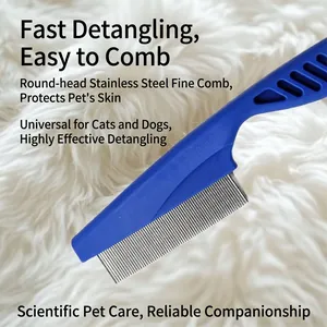 Blue ergonomic pet grooming comb with stainless steel teeth for cats and dogs hair care