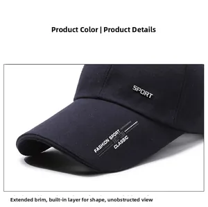 Détail de casquette de sport avec visière longue et lettrage blanc tendance sur le bord