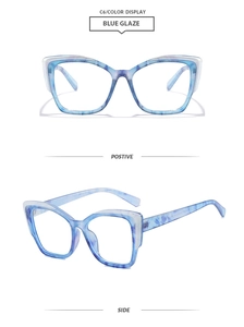 Viste frontale e laterale di eleganti montature per occhiali cat-eye blu con finitura lucida