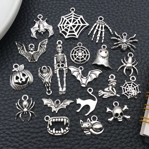 Silver Halloween alloy charms set featuring bat spider and ghost for DIY jewelry