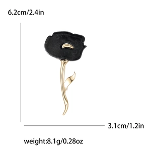 Elegant gold-trimmed black enamel flower brooch shown with size and weight dimensions