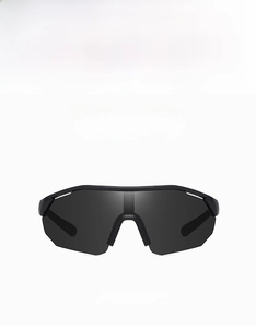 Flat lay of polarized sport sunglasses in black finish on a clean white background