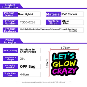 Detailed technical specifications for waterproof neon graffiti PVC stickers with measurements