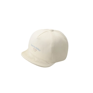 Beige soft brim baby baseball cap with 'Bonita Baby' embroidery and smiley face icon