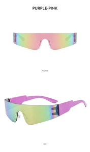 Detail view of purple-pink gradient rimless futuristic Y2K sports wrap sunglasses