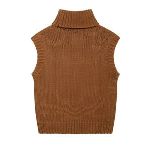 Detailed back view of a caramel ribbed high-neck knit sweater vest in studio lighting
