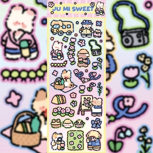 Detail of cute bear stickers with picnic and camera motifs in a colorful cartoon style