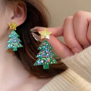 Festive Christmas tree earrings with colorful dots and a gold star for women