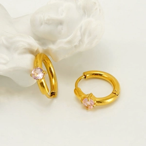 Boucles d'oreilles créoles en acier doré 18K avec pierres de zircon rose