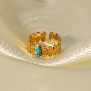 Vintage Boho Open Ring 18K Gold Plated Stainless Steel With Turquoise Inlay Adjustable Leaf Texture Band For Women