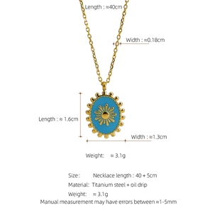 Detailed dimensions of the gold bohemian oval sunburst pendant necklace in titanium steel