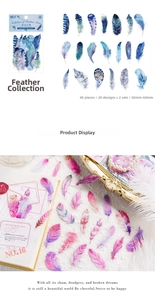 Macro detail of PET white ink feather stickers showing patterns on a journal page