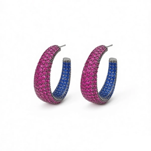 Vintage silver C-shaped earrings with magenta and royal blue cubic zirconia pavé setting