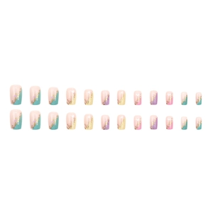 Rainbow gradient square press-on nails with gold foil accents and pastel pink base