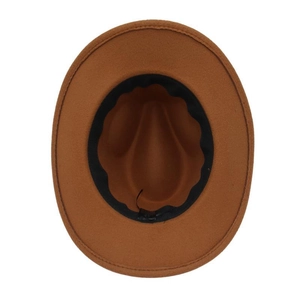 Top view of brown felt cowboy hat interior showing black sweatband and size 58 label