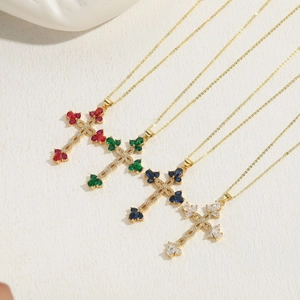 Cross pendant necklaces with zircon flowers and colorful heart gemstones in four vibrant colors