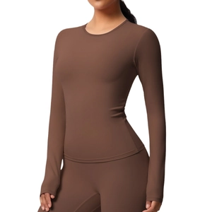 Women's dark brown long sleeve yoga set with high elastic tight sports top and leggings