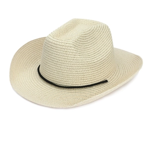 Detail of beige straw cowboy hat with black braided rope and textured woven pattern