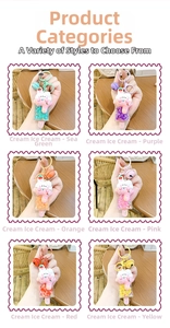 Detailed grid showing six colorful cartoon bunny ice cream keychains with moving beads