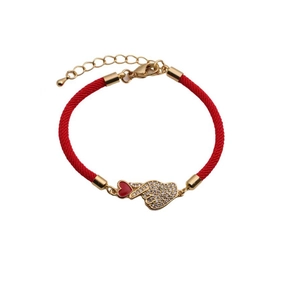 Adjustable red braided rope bracelet with heart and gesture pendants in gold finish