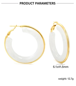 Detail showing white resin hoop earrings size 41.5mm and weight 12.7g specs