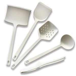5-piece white silicone cooking utensil set including spatula, ladle, and food tongs