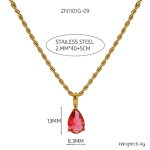 Detail of 18K gold-plated stainless steel necklace with red teardrop pendant and size specs
