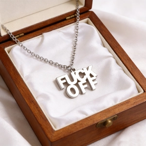 Polished stainless steel FUCK OFF letter pendant necklace in a premium wooden jewelry box
