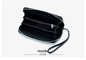 Detailed interior of long leather wallet showing RFID card slots and zipper pocket