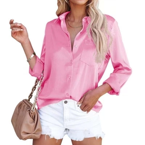 Élégant chemisier en satin rose à manches longues avec col en V pour femmes