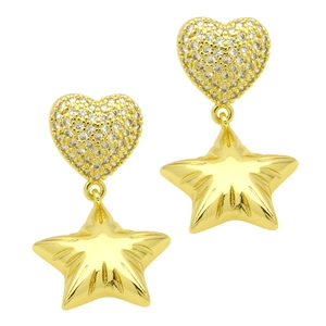 Polished gold heart and star earrings with cubic zirconia inlay on white background
