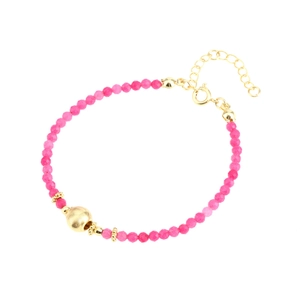 Adjustable gold-plated bracelet featuring faceted pink carnelian beads and white shell stones
