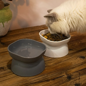 Elevated tilted pet feeding bowls in gray and white for cats and dogs neck protection